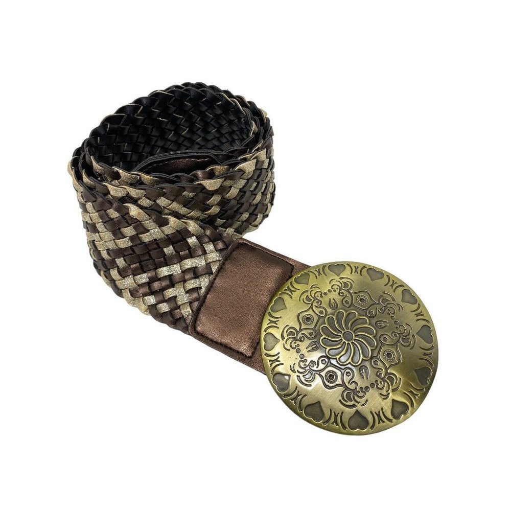 Bohemian Women Woven Metallic Brown Glitter Gold Circular Floral Buckle 40" Long